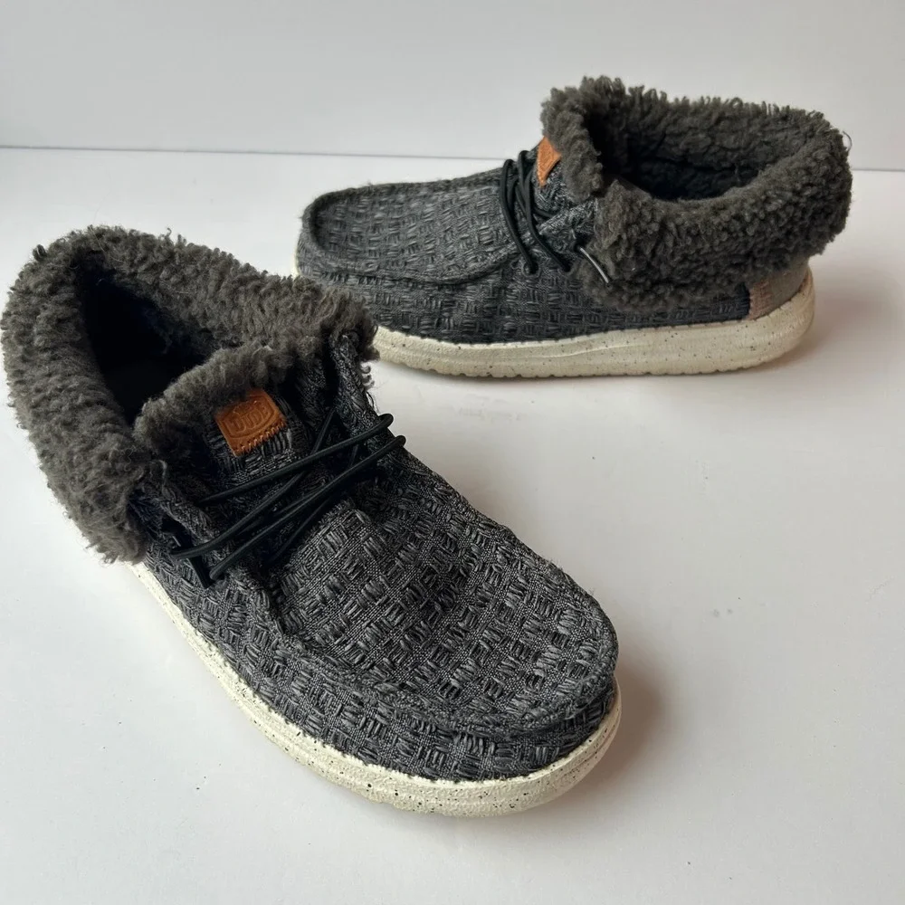 Hey Dude Wendy Fold Youth Stitch Cozy Shoes YT2 Black Gray Fleece Slip On Bootie